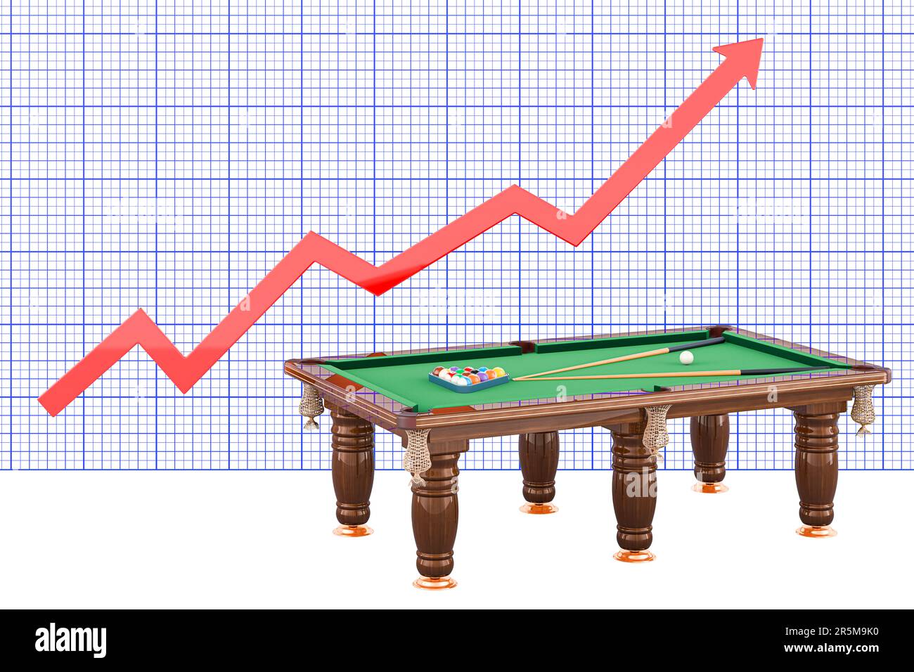 Billiard table with balls and cue with growing chart, 3D rendering ...