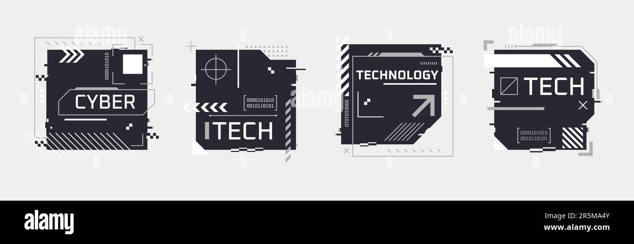 Hi-tech notes. Cyberpunk sci-fi technology concept poster, scifi abstract geometric frame box for gaming channel game festival, futuristic ui tech hud vector illustration of border shape creative Stock Vector