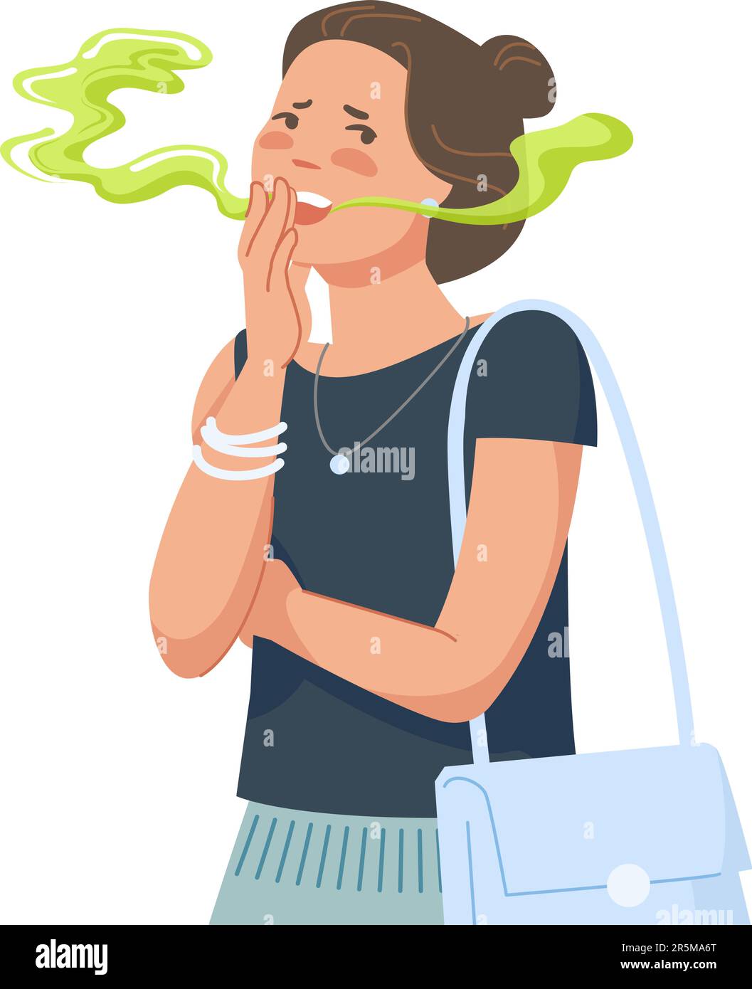 Woman bad breathing. Teenager asian girl with disgusted breath from mouth, bacteria halitosis disease or dental tooth trouble, smelly odor stink in conversation vector illustration of smell breath bad Stock Vector