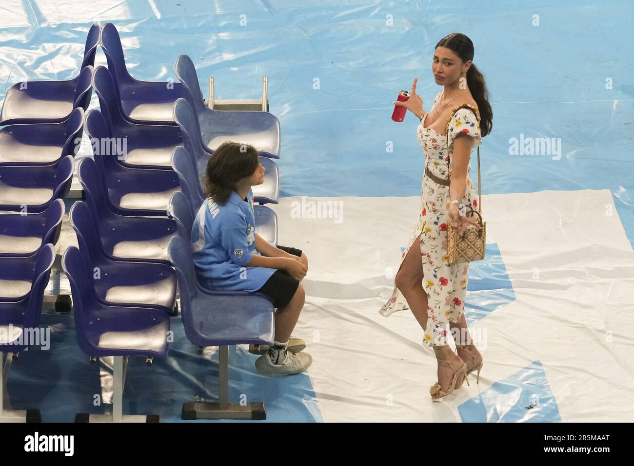 Naples, Italy. 04th June, 2023. Belen Rodriguez dances in front of his son Santiago at the end of the Serie A match between SSC Napoli and UC Sampdoria at Stadio Diego Armando Maradona, Naples, Italy on June 4, 2023. Credit: Giuseppe Maffia/Alamy Live News Stock Photo
