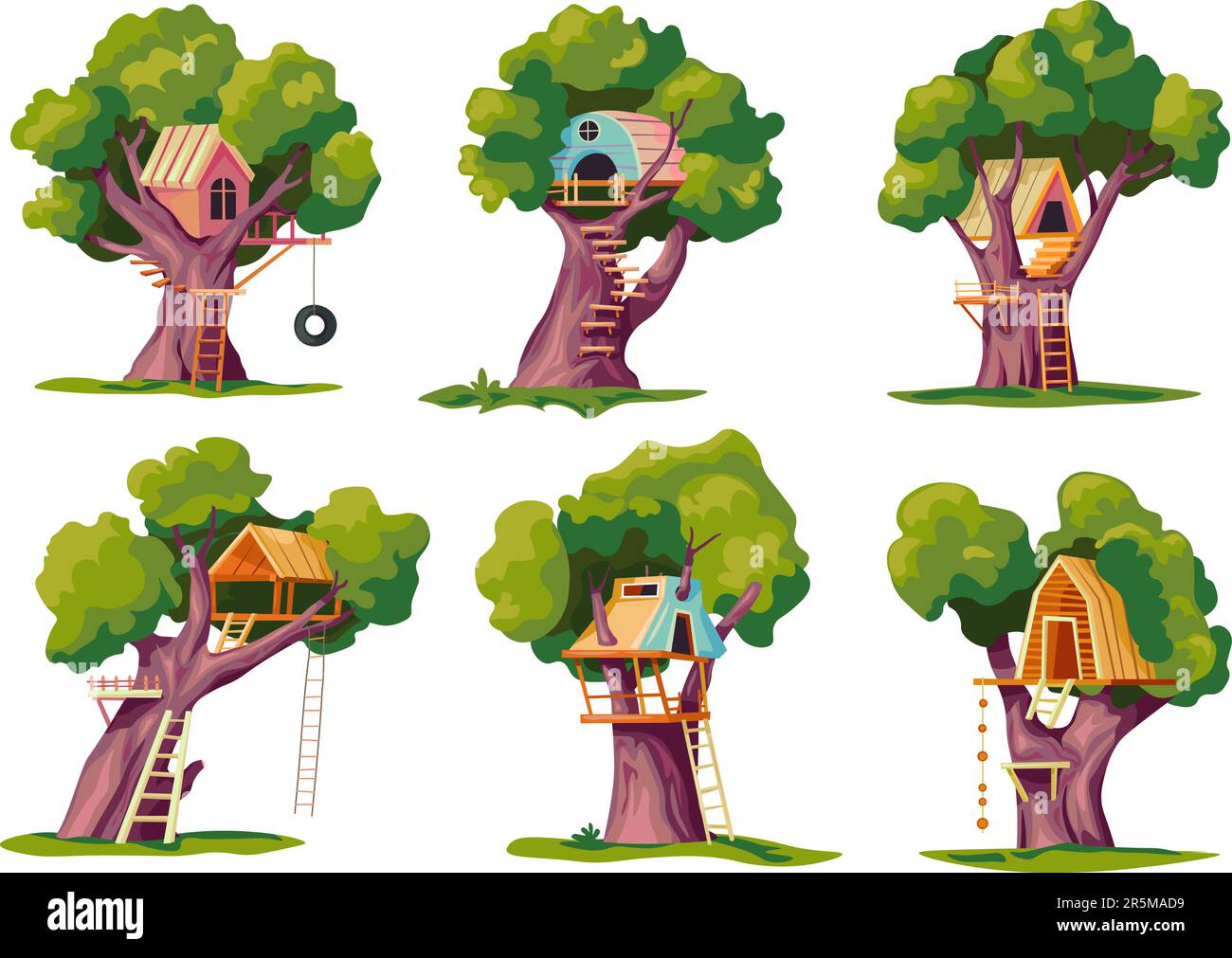 Treehouses. Cartoon tree houses in yard, wooden house building on trees