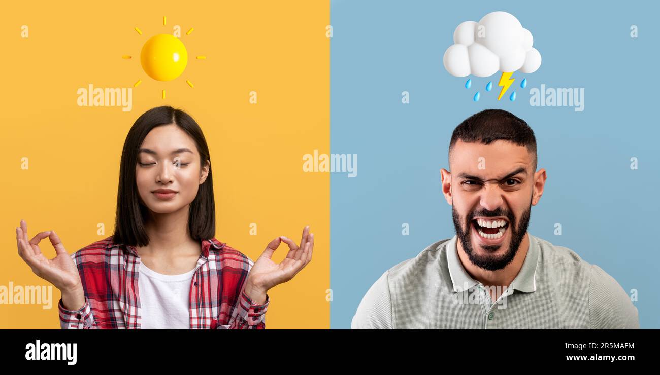 Stress Coping. Calm Asian Woman And Angry Man Posing Over Colorful ...