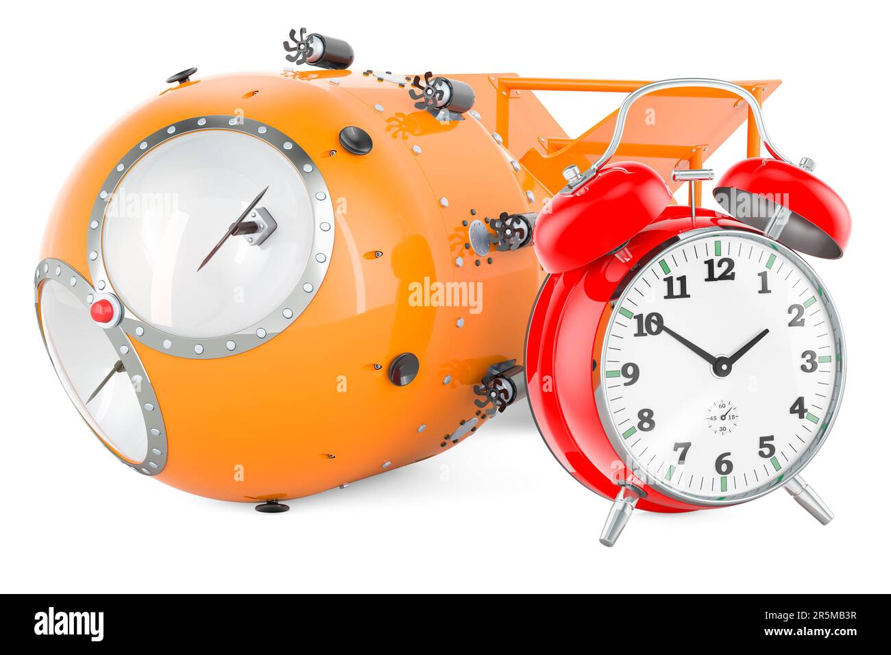 Atomic bomb, nuclear weapon with alarm clock, 3D rendering isolated on