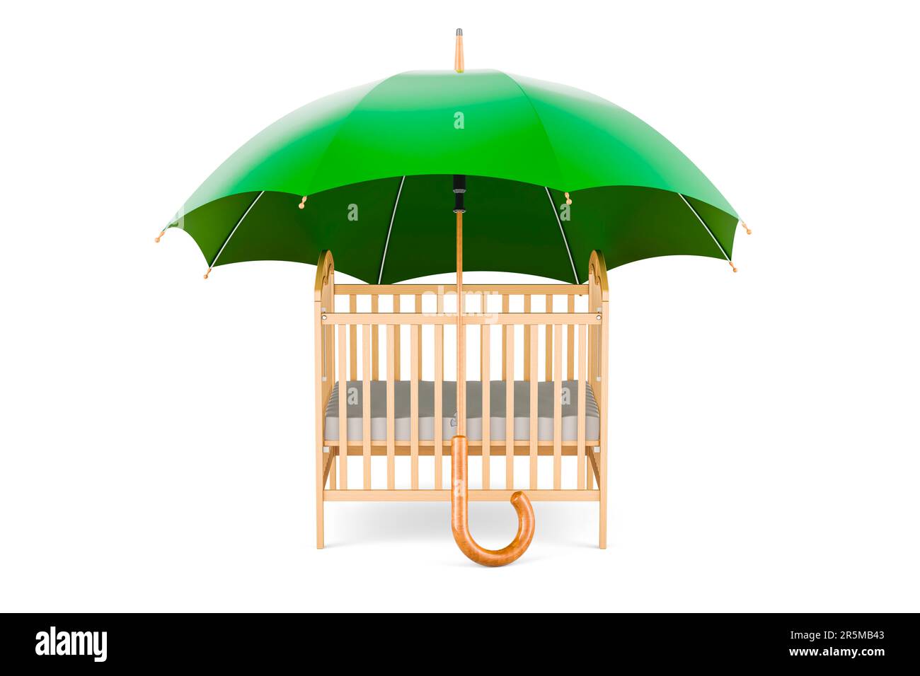 Baby crib, infant bed under umbrella. 3D rendering isolated on white ...