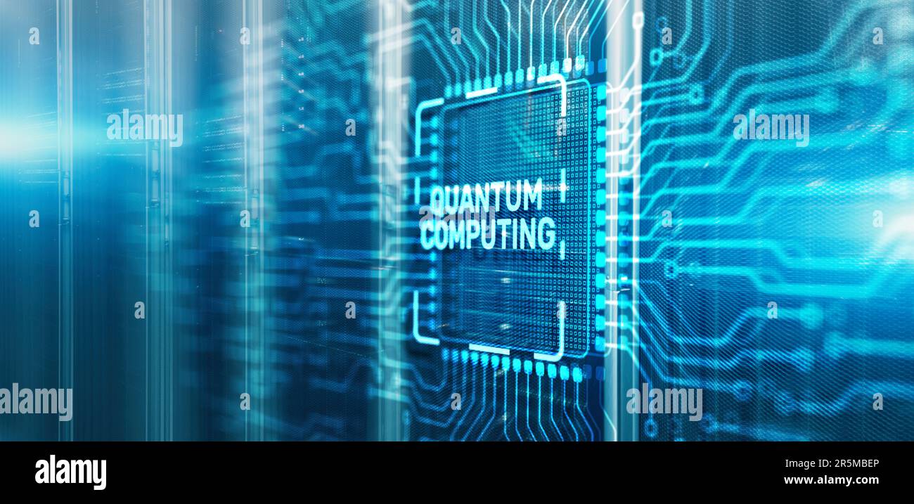 Quantum computing concept. The inscription on 3d Electronic Circuit Board Chip. Stock Photo
