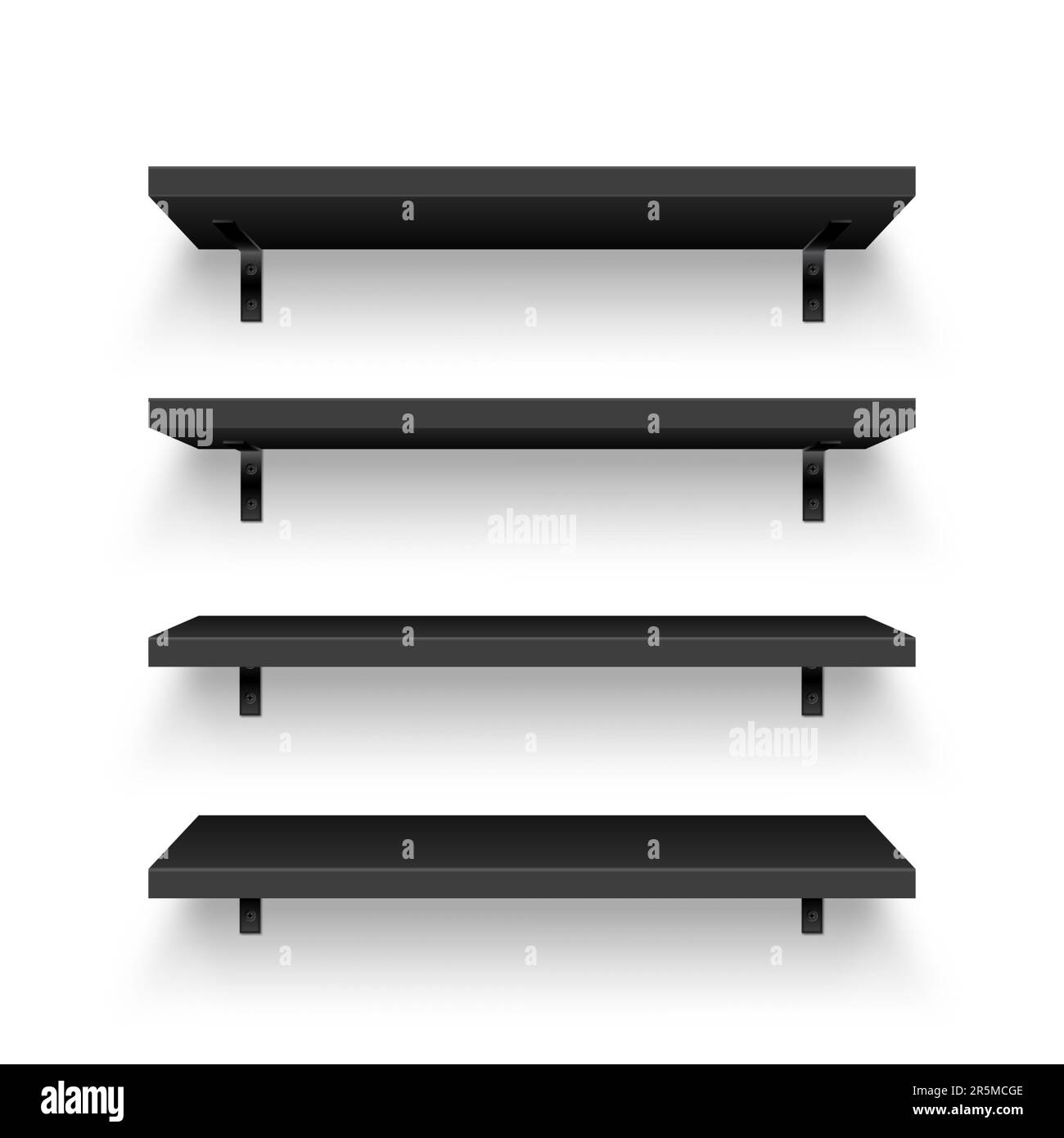 Realistic black store shelves with wall mount. Empty product shelf, grocery wall rack. Mall and