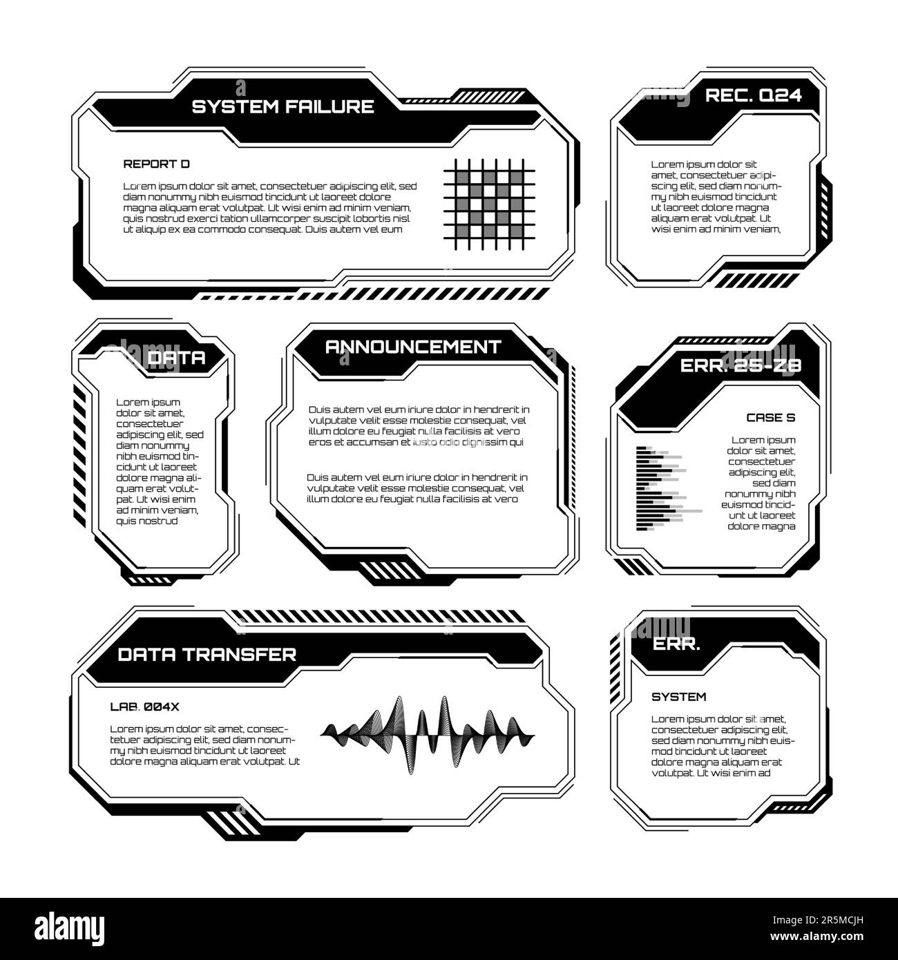 Black futuristic HUD, UI elements. Sci-fi user interface text boxes ...