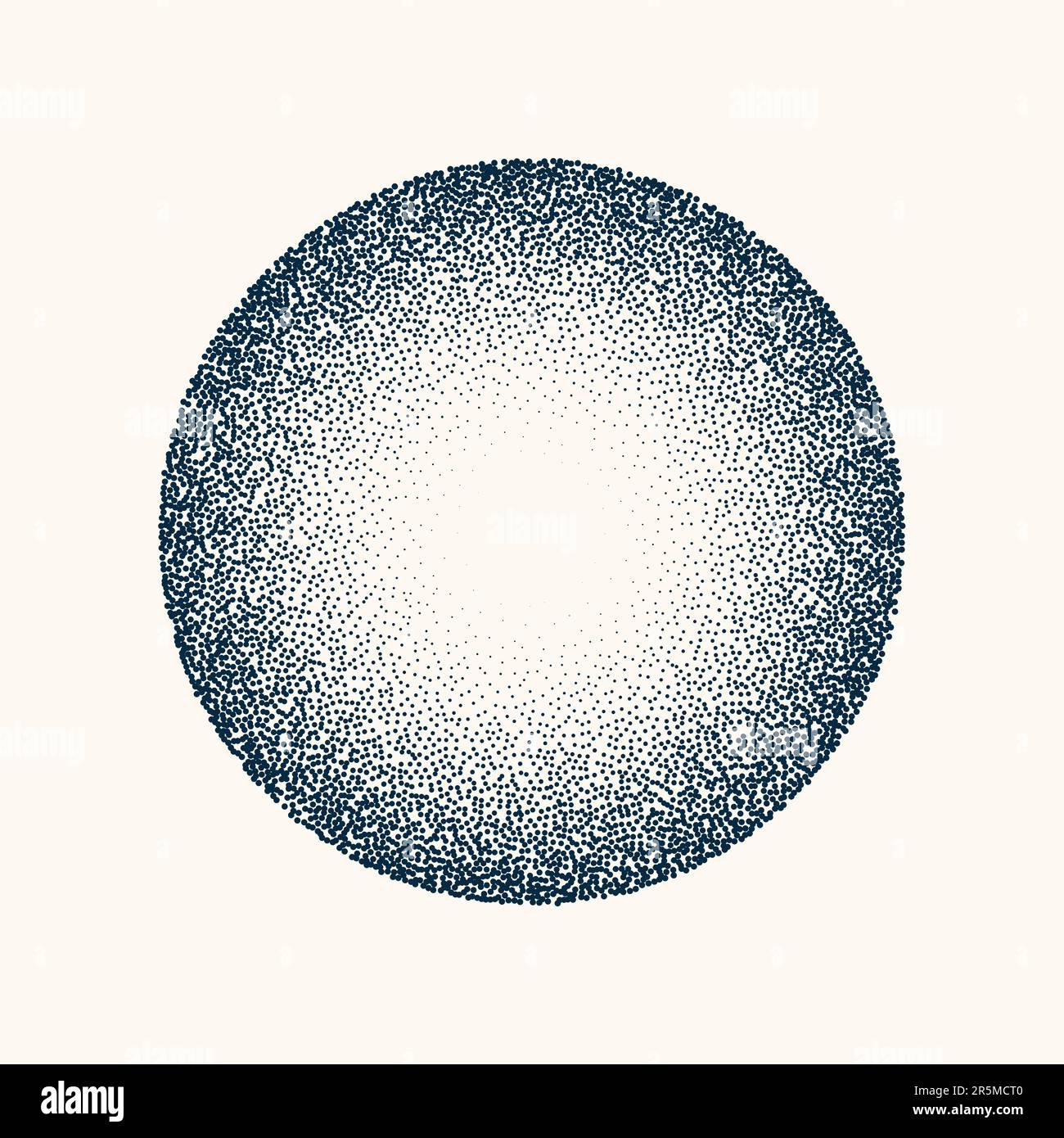 Round shaped dotted object, vintage stipple element. Fading gradient. Stippling, dotwork drawing, shading using dots. Halftone disintegration effect Stock Vector