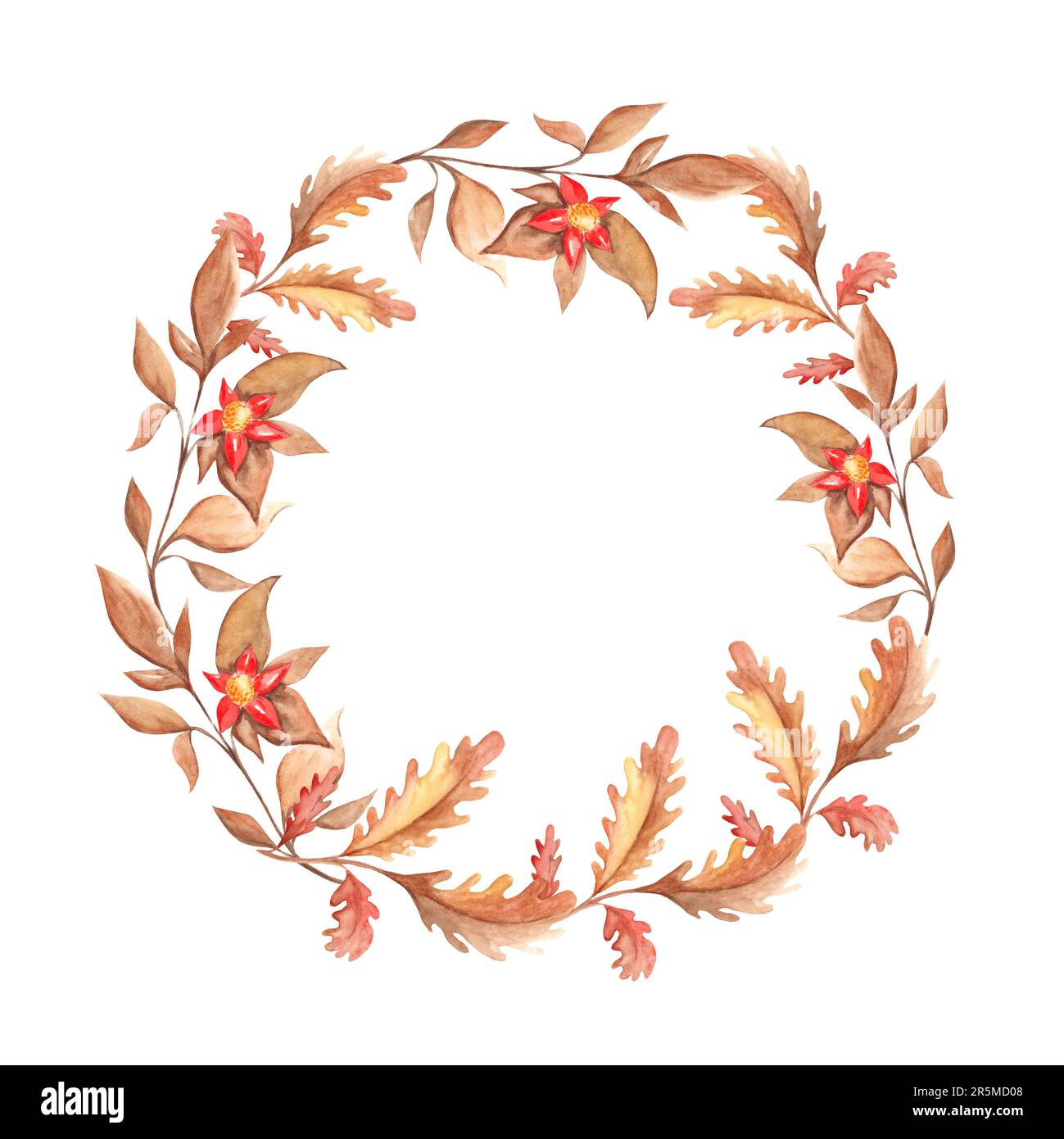 Watercolor autumn wreath with oak leaves, branches and red flowers ...