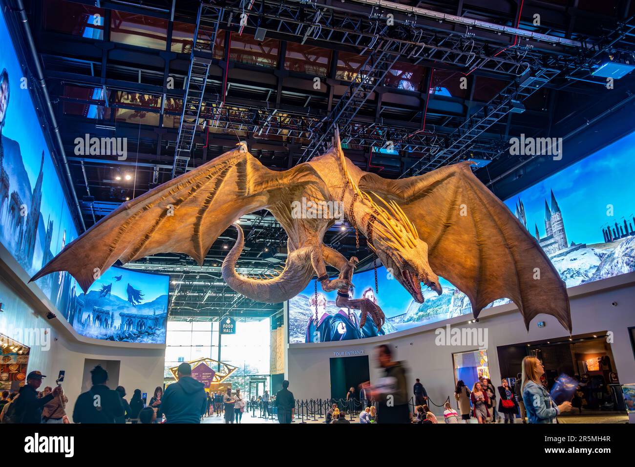 A large model dragon hangs from the ceiling at the entrance to the Harry Potter studio tour in Watford, UK Stock Photo