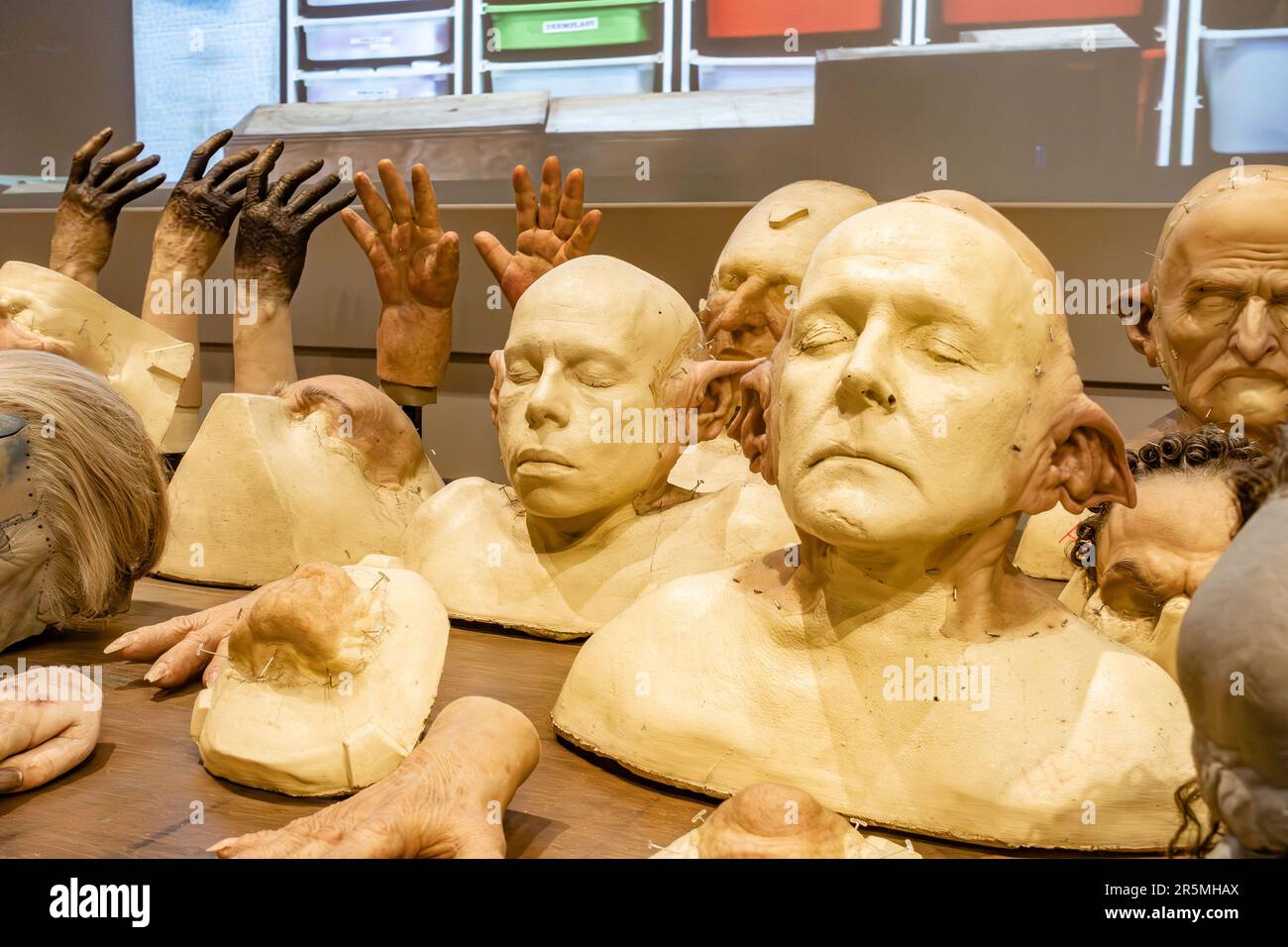 Busts made from casts of actors heads used to aid creation of skin