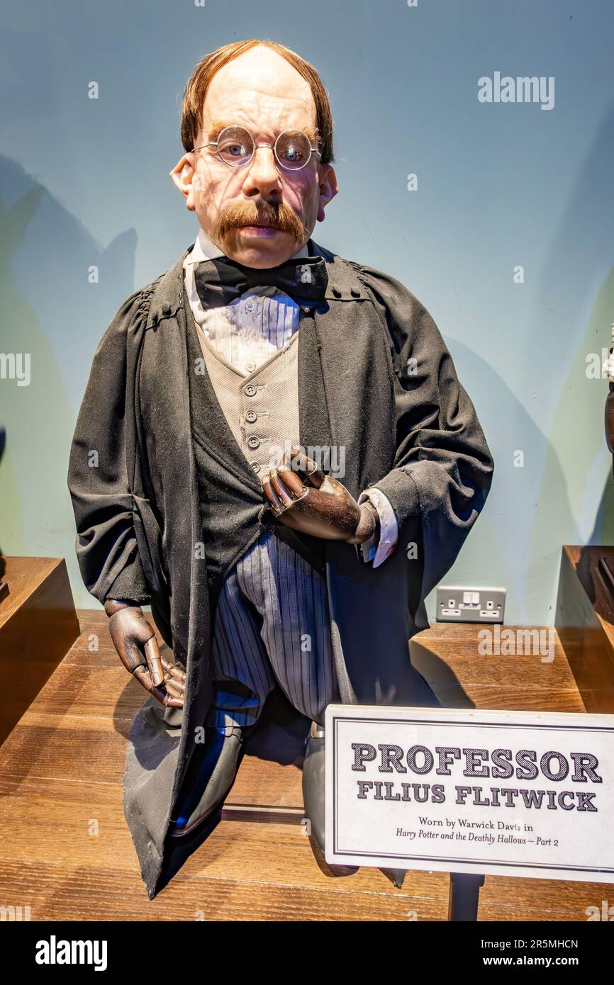 Mannequin wearing the Professor Filius Flitwick costume and outfit as warn by Warwick Davis on display at The Harry Potter Studio Tour in Watford, UK Stock Photo