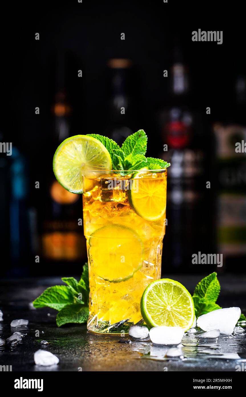 Dark and Stormy alcoholic cocktail drink with dark rum, ginger ale