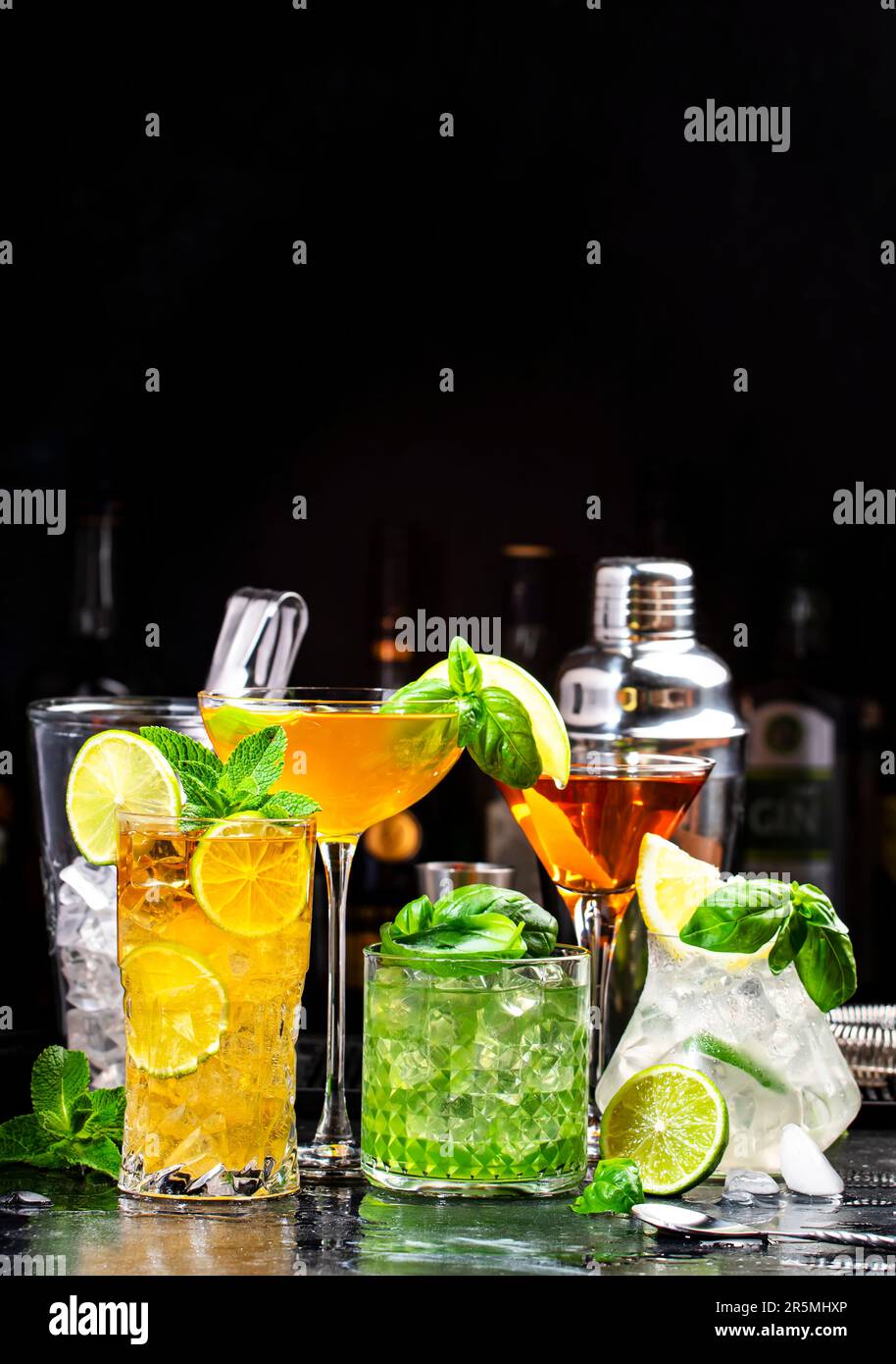 Cocktail party, alcohol drinks with gin, whiskey, vermouth and liquor