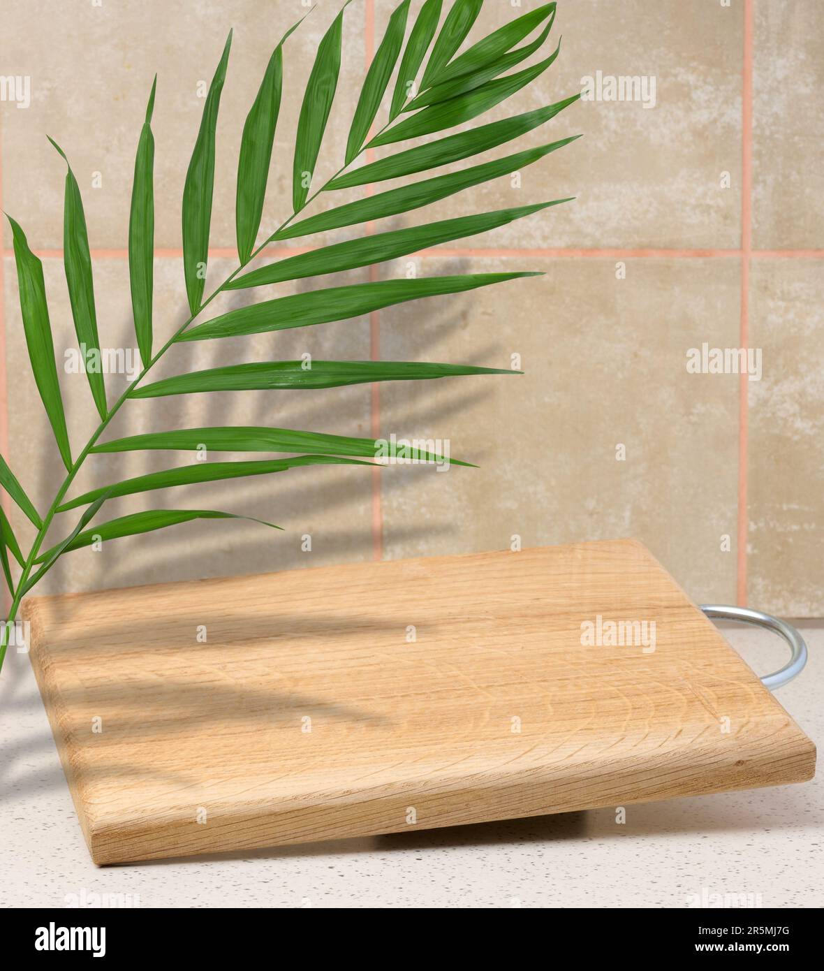 Wooden empty cutting board at an angle on a white background, kitchen