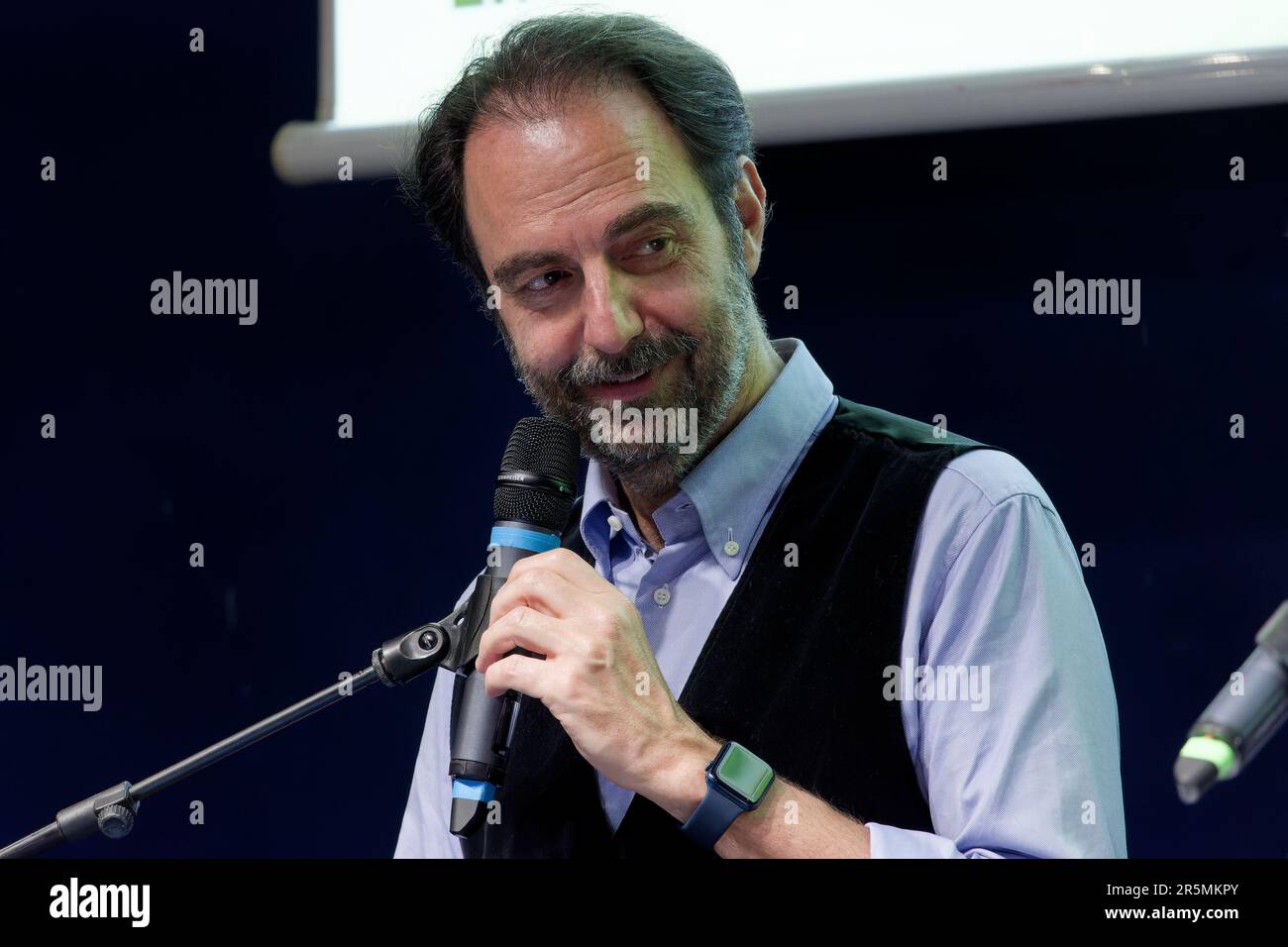 Italian actor Neri Marcorè reads out at the 2023 edition of the Turin International Book Fair, Italy. Stock Photo