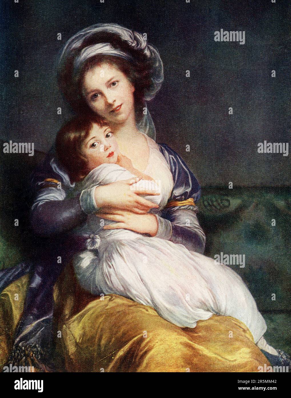 The early 1900s caption reads: 'Madame Vigee Le Brun and Child. Vigee Le brun painted another portrait of herself and her little girl-child; and she painted both, fortunately for her fame, when her skill was its increase. They stand out with all their limitations, pure and exquisite as the Madonna and Child of Italy’s finest achievement; for they were painted by a woman of genius with the passionate love of a child that is the wondrous heritage of woman - none the less religious in that it apes no show of religion.' Elisabeth Louise Vigee Le Brun (1755-1842), also known as Madame Le Brun, was Stock Photo