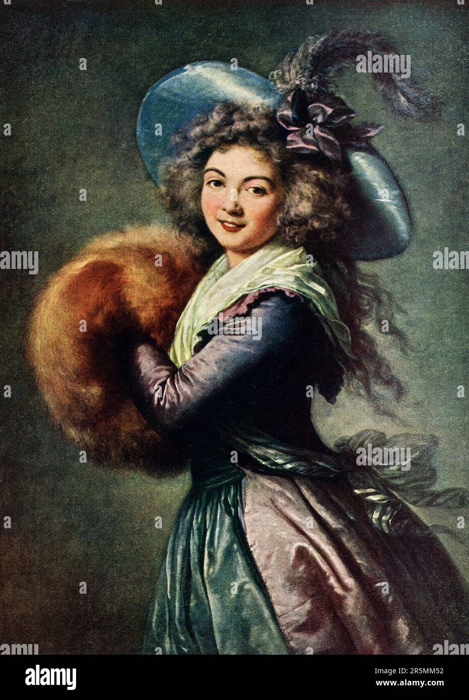The early 1900s caption reads: 'Portrait of Madame Mole-Raymond in the Louvre.  This famous painting of Madame Mole-Raymond, the pretty actress of the Comedie Francaise, is one of Vigee Le Brun’s masterpieces. Her brush is now at its most dextrous use; the laughing pretty woman is caught like a live thing and fixed upon the canvas as at a stroke as she trips across the vision, with muff upraised, smiling out upon us as she passes. Vigee Le brun never started character with more consummate skill than here; never set down action with more vivid brush, catching movement flying.' Stock Photo