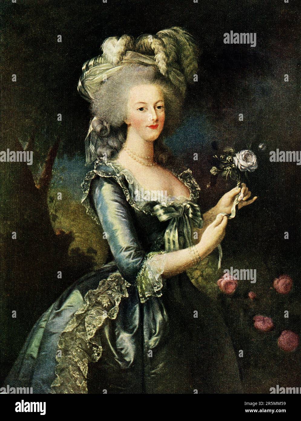 The early 1900s  captions reads: 'Marie Antoinette at Versailles. The first portrait that Vigee Le Brun painted, in her 24th year (1779) of Marie Antoinette. Here is no hint of the tragedy that was to overwhelm the handsome young daughter of Austria; all was as yet gaiety and roses and sunshine and pleasant airs, and the glamour that hovers about a throne. But there are signs of the imperious temper of her hosue, combined with the levity and frivolity of manners which were so early to make her unpopular.' Elisabeth Louise Vigee Le Brun (1755-1842), also known as Madame Le Brun, was a French po Stock Photo