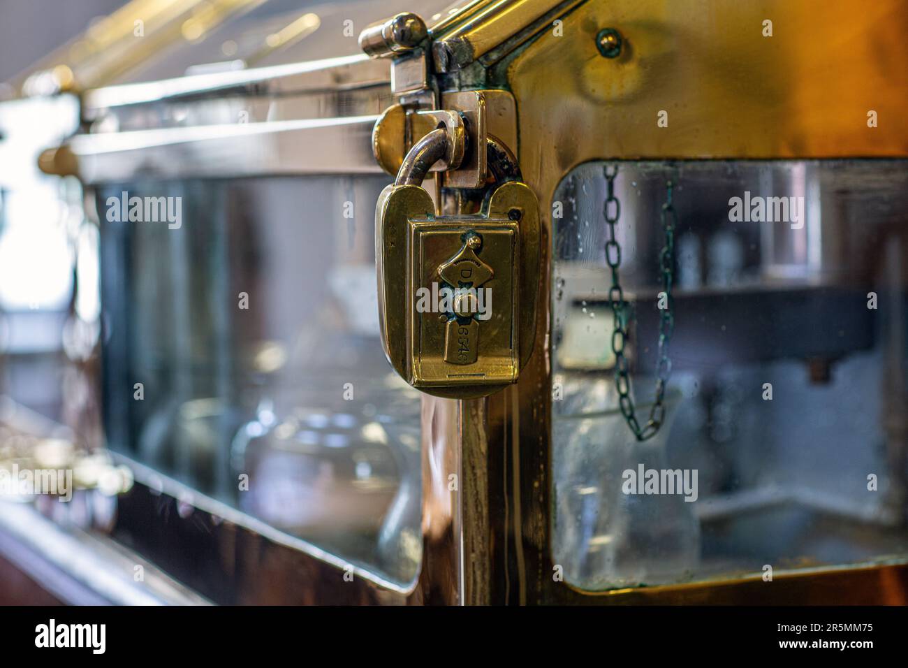 Close up of lock from spirit safe at Bruichladdich Distillery on island of Islay in Inner Hebrides of Scotland Stock Photo