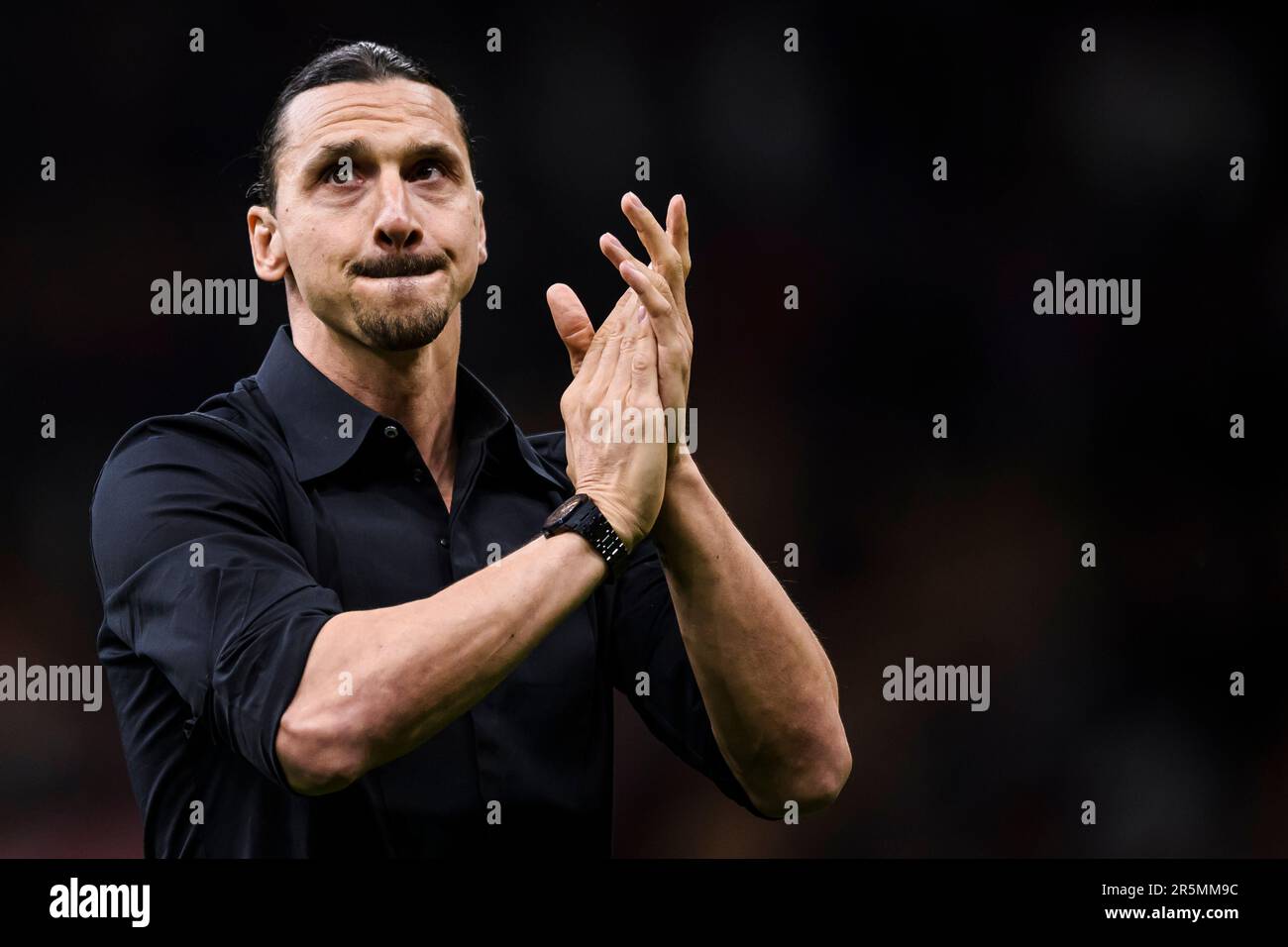 Milan, Italy. 4 June 2023. Zlatan Ibrahimovic of AC Milan greets fans  during a ceremony to bid farewell to football at the end of the Serie A  football match between AC Milan