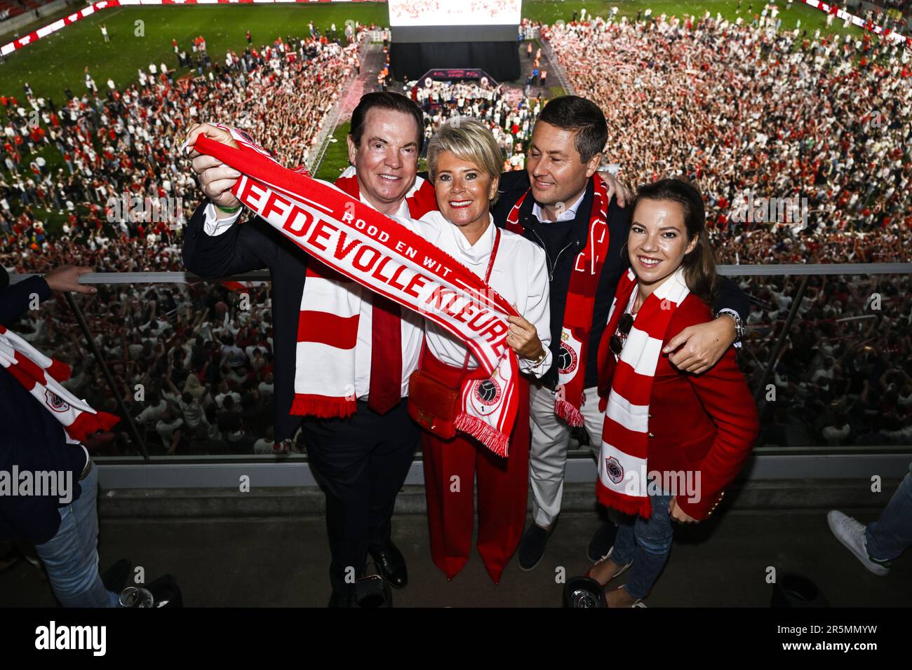 Antwerp, Belgium. 04th June, 2023. Illustration shows Antwerp owner Paul Gheysens his wife, Ria Gheysens pose for the photographer during the celebrations as Antwerp's players receive their trophy of National champion at the 'champions party' at the Bosuil, stadium of Belgian soccer team Royale Antwerp FC who won earlier the 'Jupiler Pro League' first division Belgian soccer championship, Sunday 04 June 2023 in Antwerp. Antwerp won the title with a draw result 2-2 in Genk. BELGA PHOTO TOM GOYVAERTS Credit: Belga News Agency/Alamy Live News Stock Photo