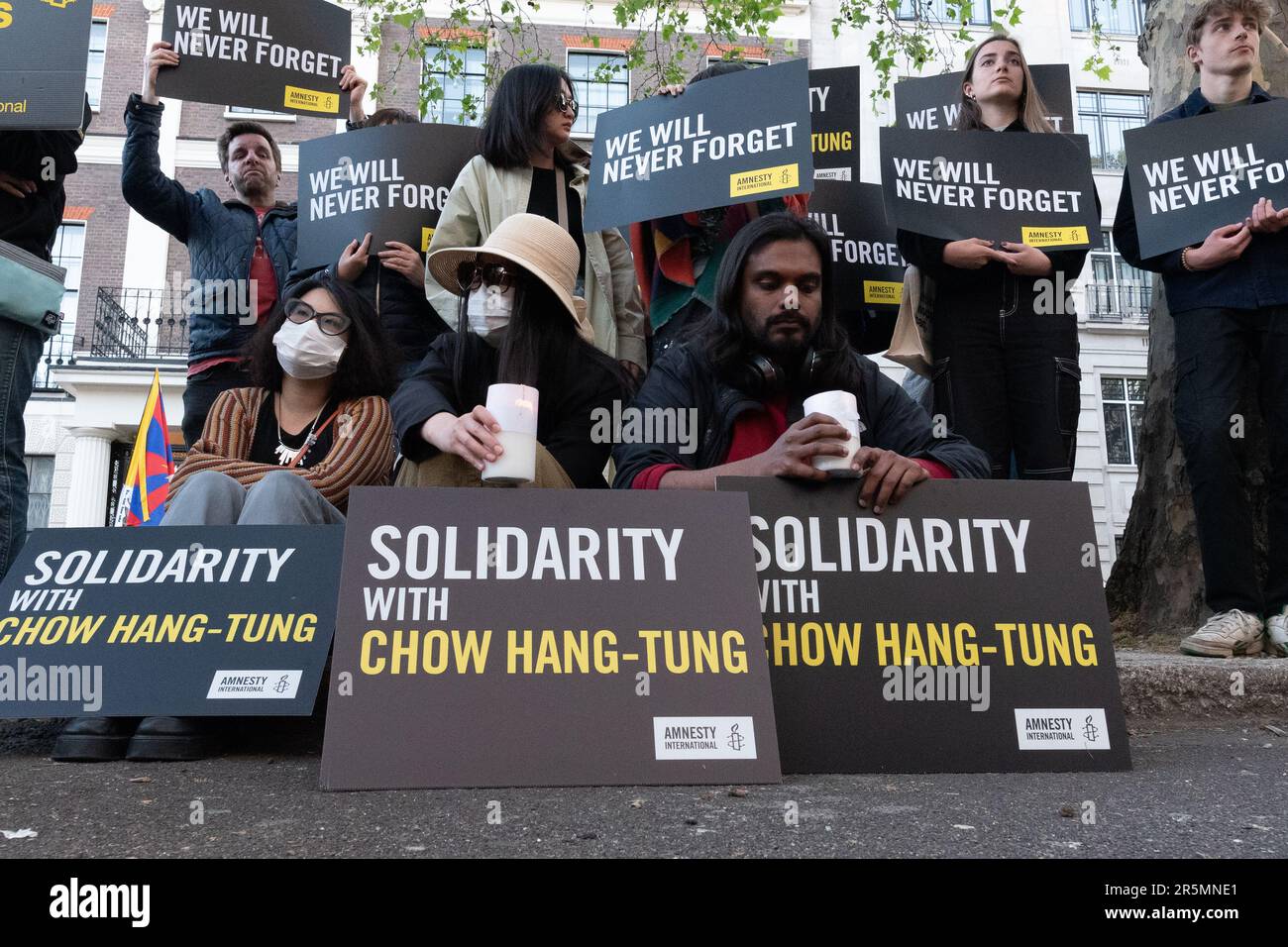 London, UK. 4 June, 2023. Chinese diaspora gather outside the Embassy of China in London to commemorate the anniversary of the June 1989 pro-democracy movement and the Tiananmen Square massacre in Beijing. Credit: Ron Fassbender/Alamy Live News Stock Photo