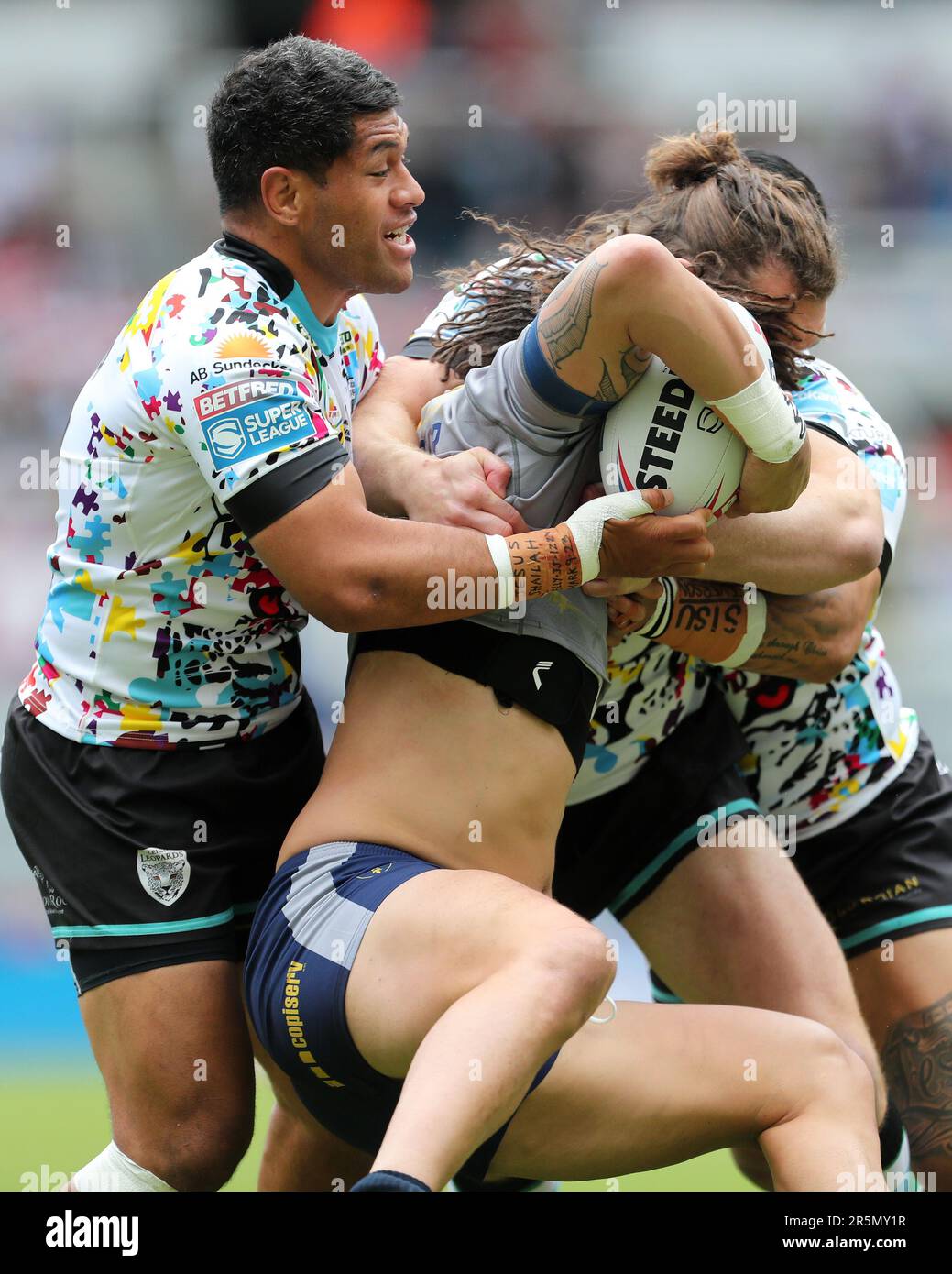 Newcastle, UK. 4th June 2023.Wakefield Trinity Kevin Proctor is held during the BetFred Super League match between Wakefield Trinity Wildcats and Leigh Leopards at St. James' Park, Newcastle on Sunday 4th June 2023. (Photo: Mark Fletcher | MI News) Credit: MI News & Sport /Alamy Live News Stock Photo