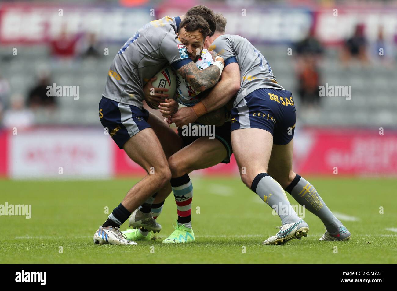 Newcastle, UK. 4th June 2023.Gareth O'Brien of Leigh Leopards is tackled during the BetFred Super League match between Wakefield Trinity Wildcats and Leigh Leopards at St. James' Park, Newcastle on Sunday 4th June 2023. (Photo: Mark Fletcher | MI News) Credit: MI News & Sport /Alamy Live News Stock Photo