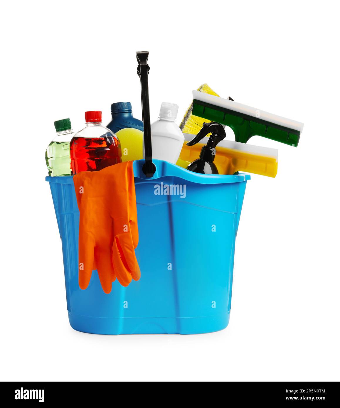 Light blue bucket and many different car wash products on white
