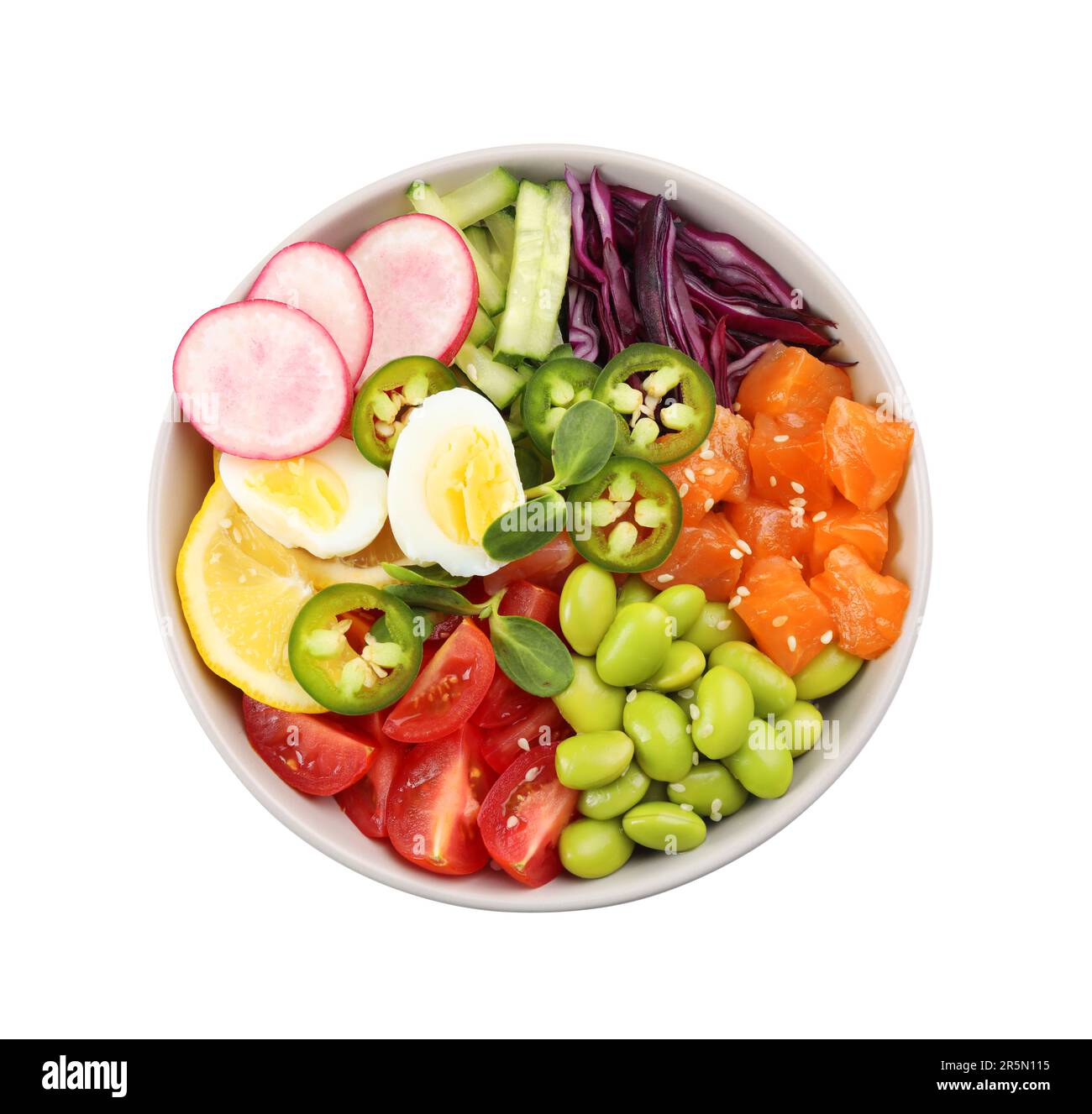 Poke bowl with salmon, edamame beans and vegetables isolated on white, top view Stock Photo Alamy