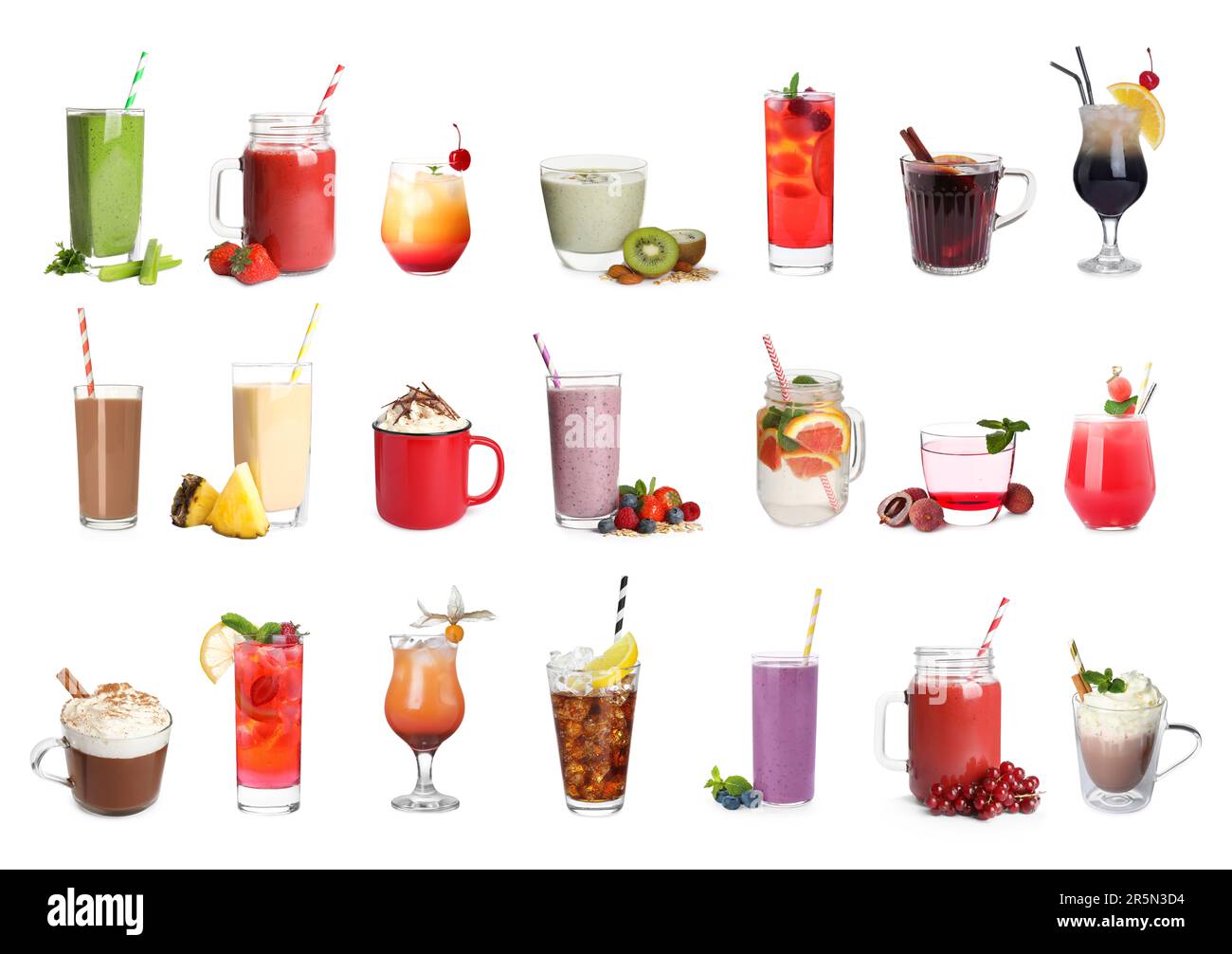 Set with different delicious beverages on white background Stock Photo
