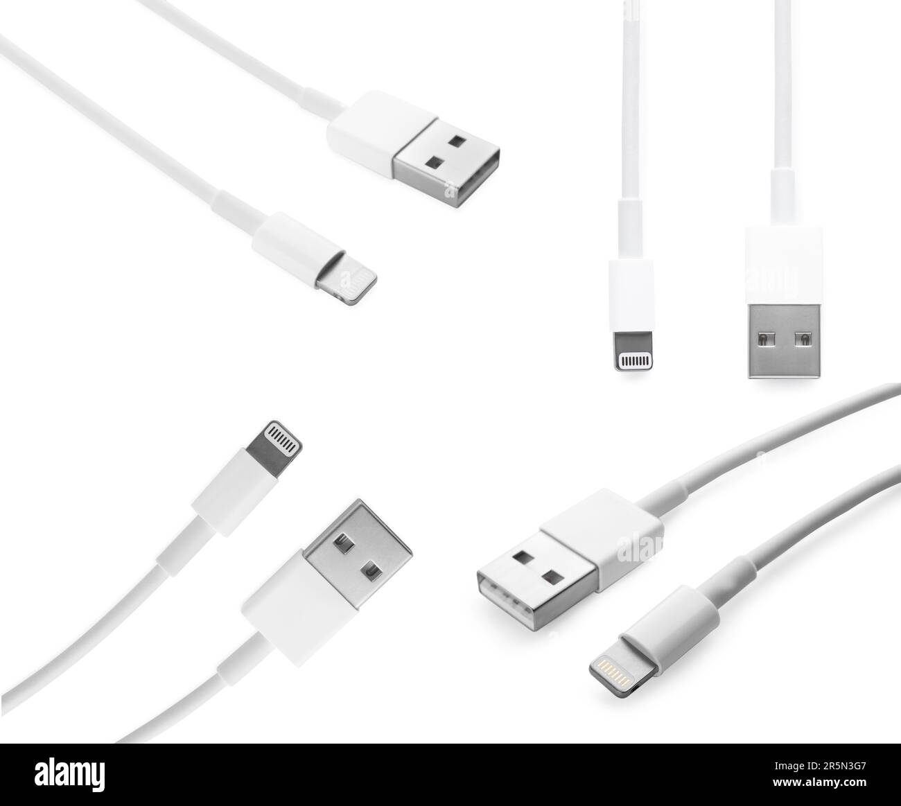 USB cable with lightning connector on white background, views from different sides. Collage design Stock Photo