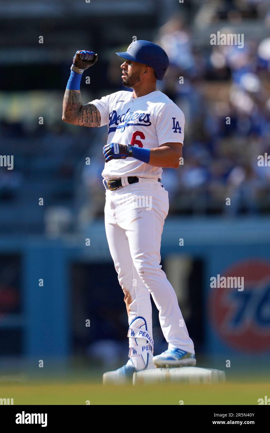 Los Angeles Dodgers' David Peralta (6) celebrates after doubling during the  second inning of a baseball game against the New York Yankees in Los  Angeles, Sunday, June 4, 2023. (AP Photo/Ashley Landis