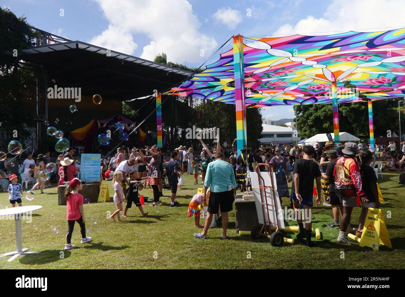 Happy colourful crowd at the annual Eco-Fiesta, Cairns, Martin Munro Parklands, Queensland, Australia. No MR or PR. 4 June 2023 Stock Photo