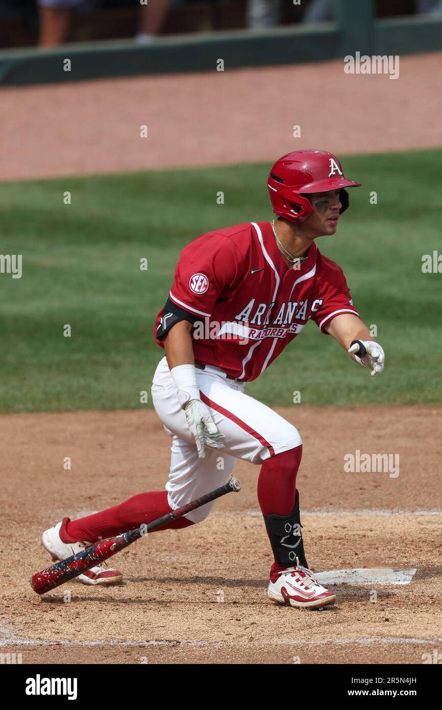 Play. 4th June, 2023. Tavian Josenberger #12 of Arkansas prepares to ...