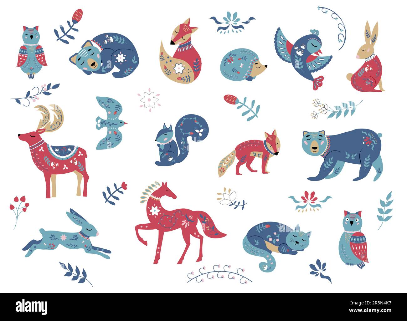 Animals with floral ornaments. Bear, horse and deer, cats and hares, foxes and squirrels, birds and owls. Elements of folk art design. Stock Vector