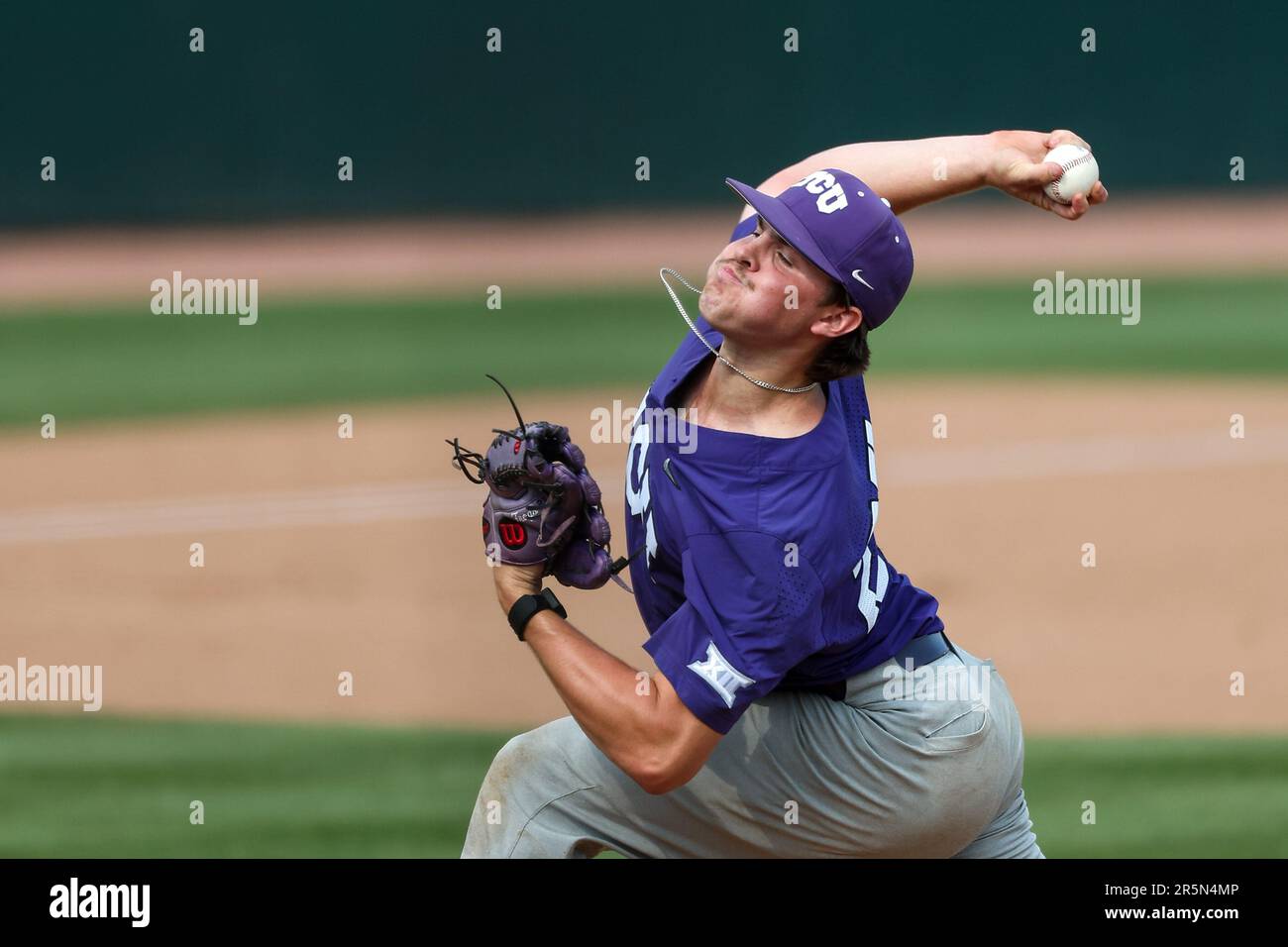 The Plate. 4th June, 2023. TCU pitcher Hunter Hodges 27 prepares to