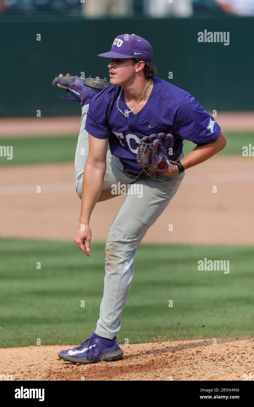 The Plate. 4th June, 2023. Hunter Hodges 27 of TCU follows though on