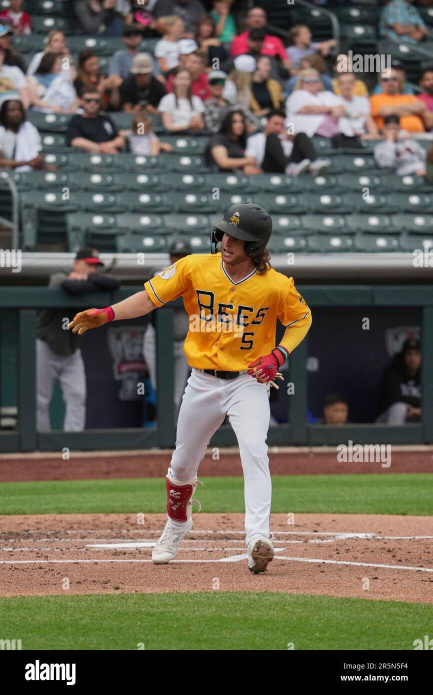 June 3 2023: Salt Lake right fielder Brett Phillips (5) takes a walk during  the game with Albuquerque Isotopes and Salt Lake Bees held at Smiths Field  in Salt Lake Ut. David