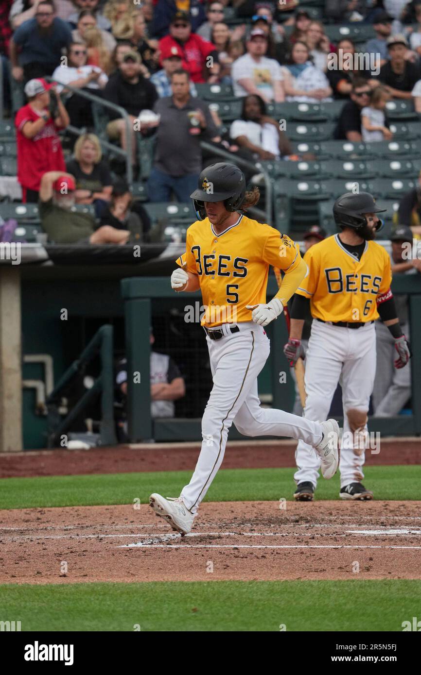 June 3 2023: Salt Lake right fielder Brett Phillips (5) scores a run during  the game with Albuquerque Isotopes and Salt Lake Bees held at Smiths Field  in Salt Lake Ut. David