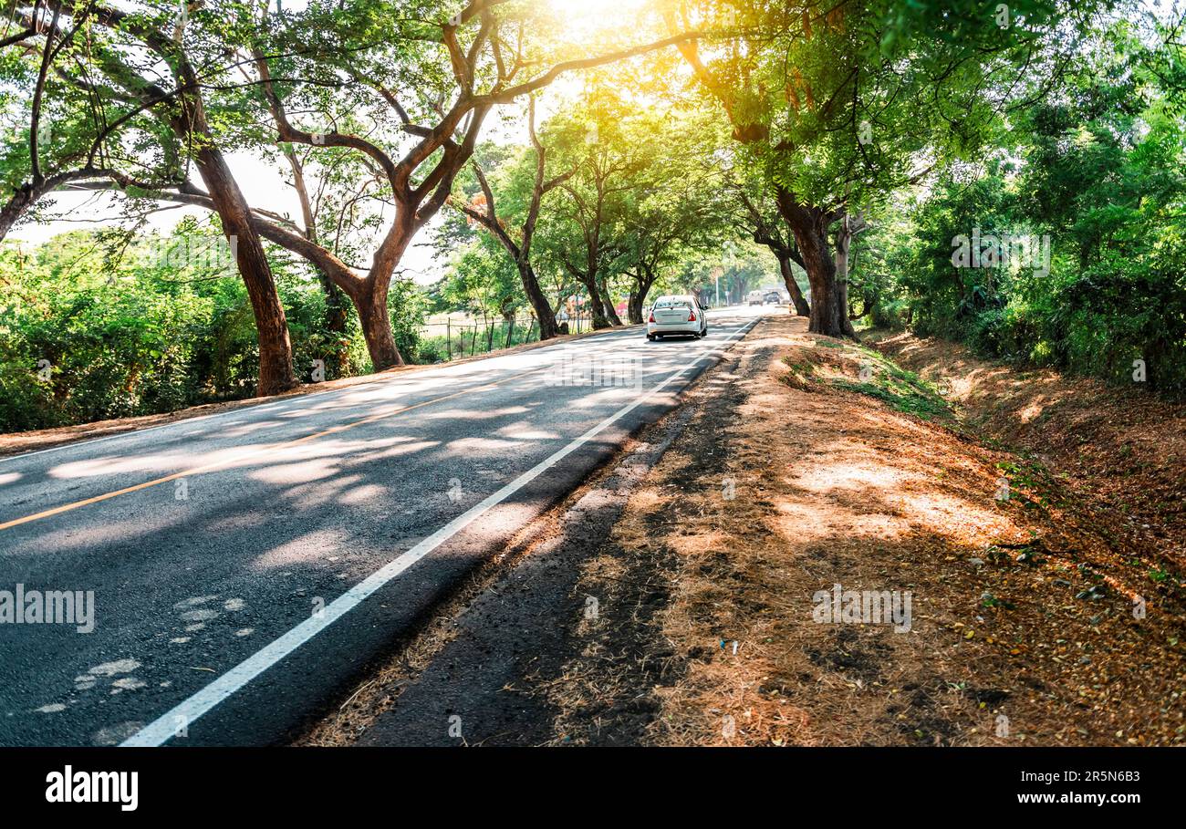 Car driving on an asphalt road surrounded by trees. A car driving on a beautiful road through the forest. Border road from Managua to Tipitapa Stock Photo