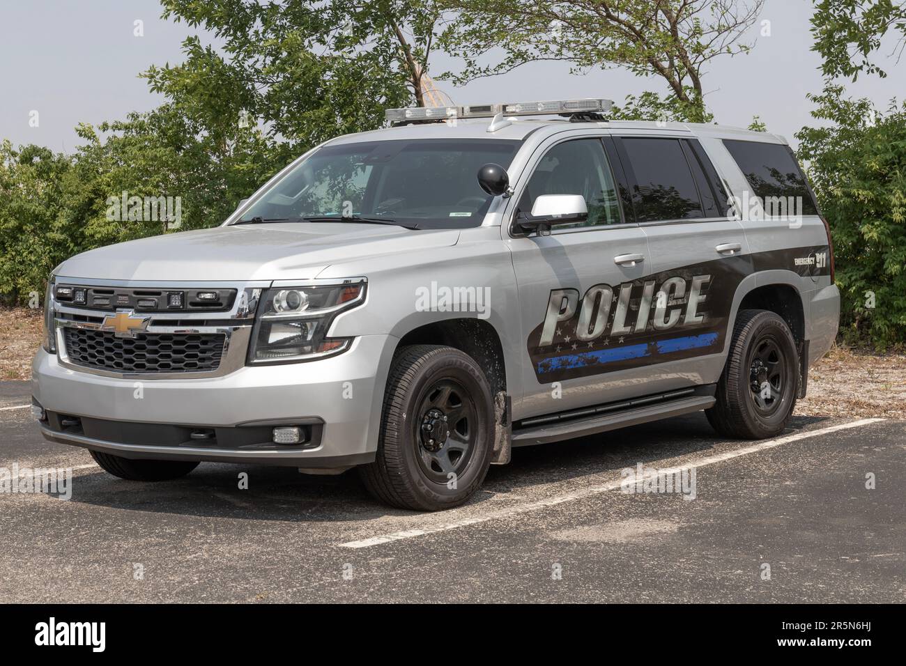Plainfield - Circa June 2023: Police SUV with the Thin Blue Line flag. The police have a duty to enforce the laws of its jurisdiction. Stock Photo