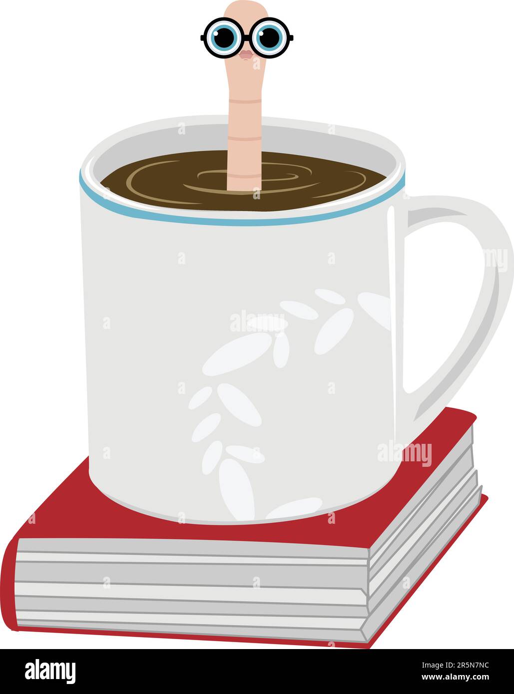 Bookworm Swimming in Cup of Coffee on Top of Book Stock Vector