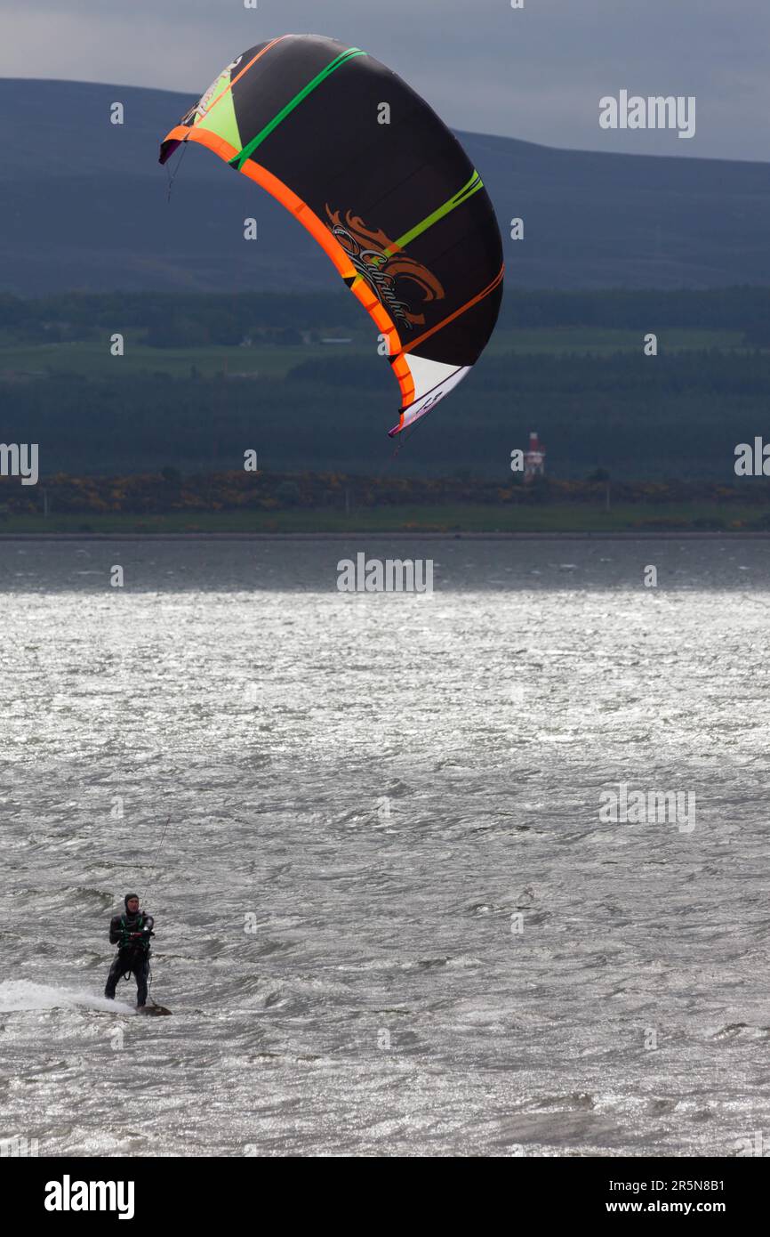 Kitesurfing on the Moray Firth near Inverness Stock Photo
