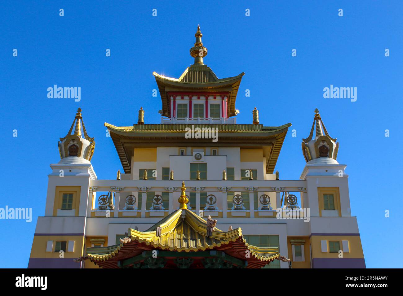 Buddhist temple in the city of Elista, Republic of Kalmykia. The golden abode of Shakyamuni Buddha. The largest temple in Europe. Close up view, copy Stock Photo