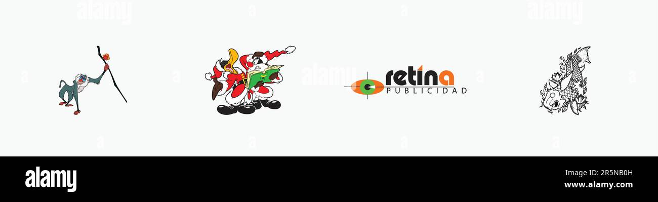Rafiki logo, Carpa Koi logo, Christmas Daffy logo, retina publicidad logo, Editorial vector logo on white paper. Stock Vector