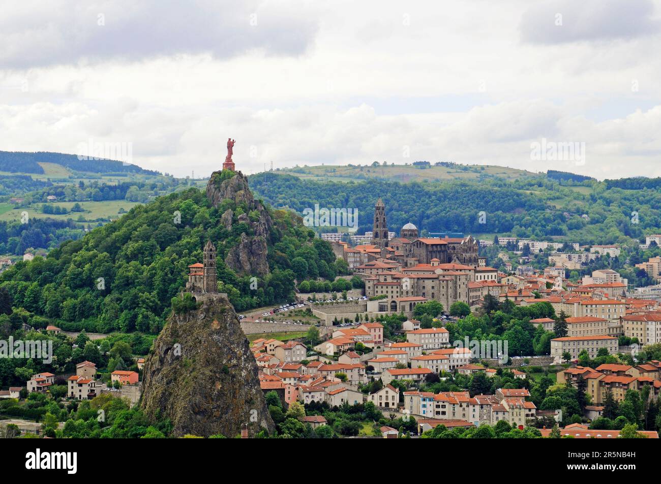 View of Le Puy-en-Velay, Cathedrale Notre-Dame du, Statue of the Virgin Mary on Rocher Corneille, Cathedral, Church of Saint-Michel d'Aiguilhe, Way Stock Photo