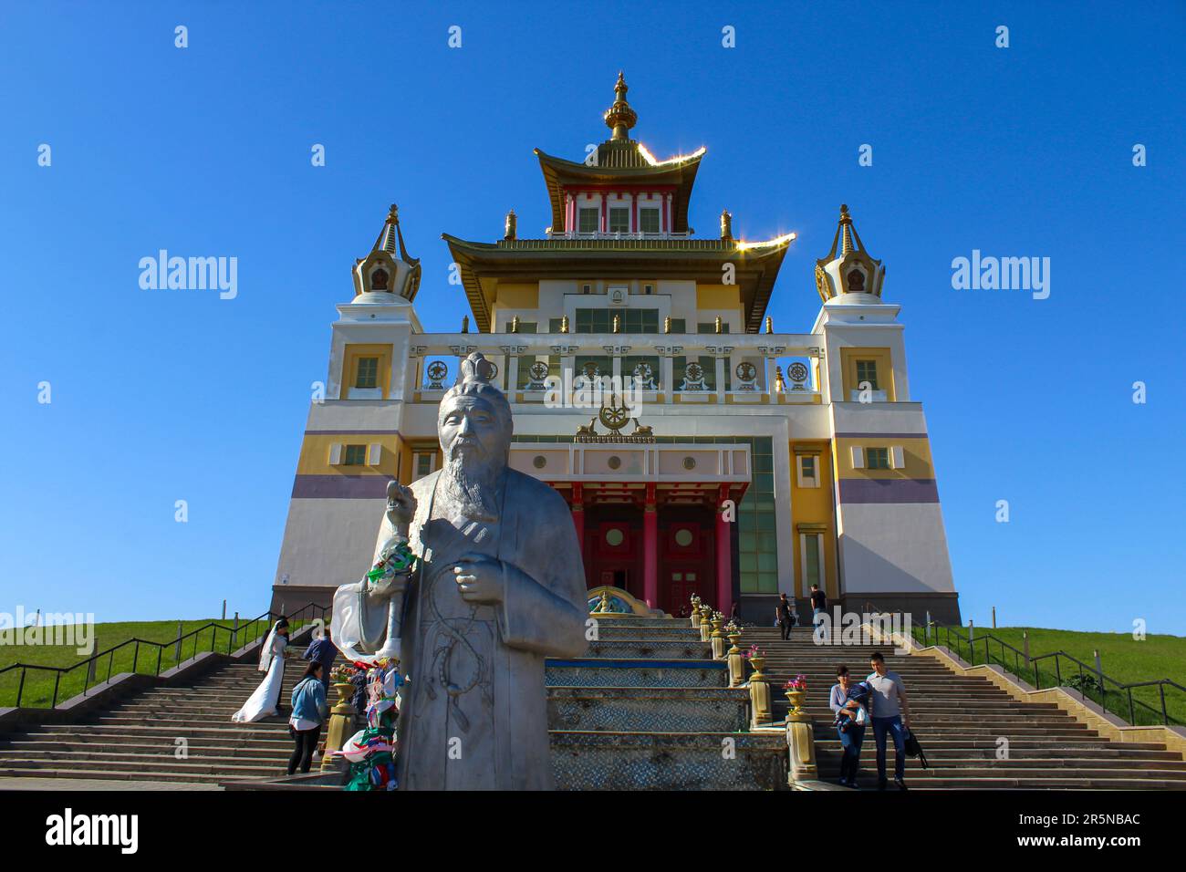 Elista, Russia, May 3, 2021: Buddhist temple Golden abode of Buddha Shakyamuni, Elista city, Republic of Kalmykia, Russia, blue sky Stock Photo