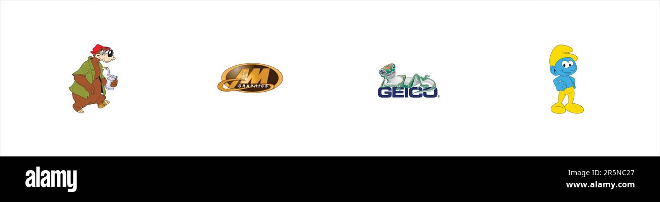 Smurf logo, Mr Bear logo, AM Graphics Logo, Geico Logo, Editorial vector logo on white paper. Stock Vector